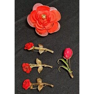 VTG Brooch Lot of 5 Red Rose & Tulip Pins